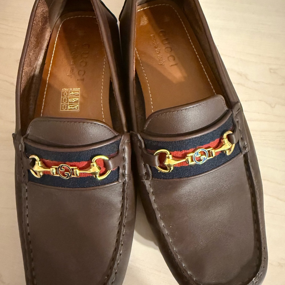 Gucci Brown Leather Loafers with Gold and Red Accents
